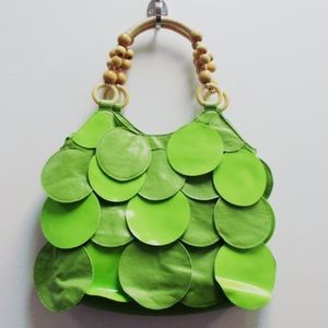 Vintage Lime Green Wooden Beads Handle Leather Bag